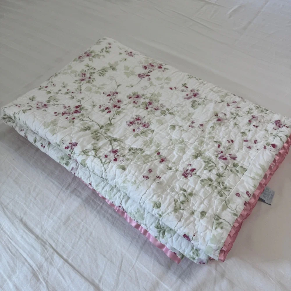 Simply Shabby Chic Dainty Floral Stripe  Reversible Cotton Quilt Pink Satin Trim